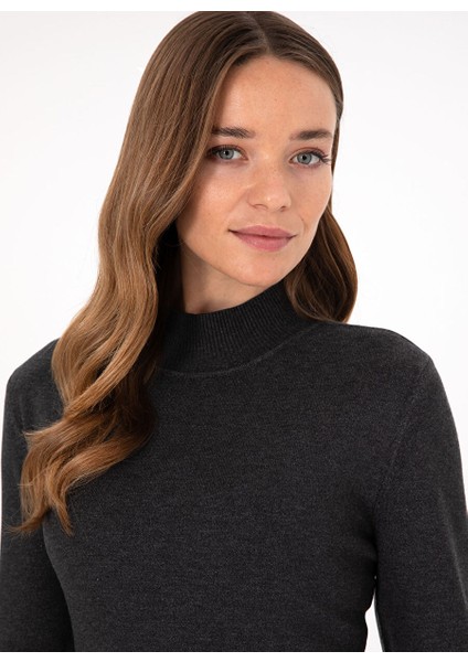 Antrasit Kadın Yarım Balıkçı Slim Fit Düz Kazak Forges