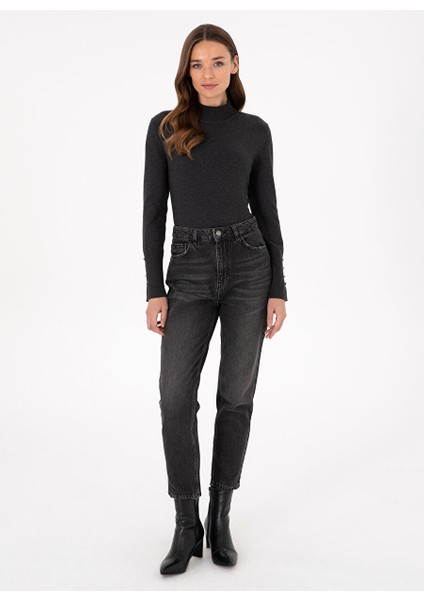 Antrasit Kadın Yarım Balıkçı Slim Fit Düz Kazak Forges