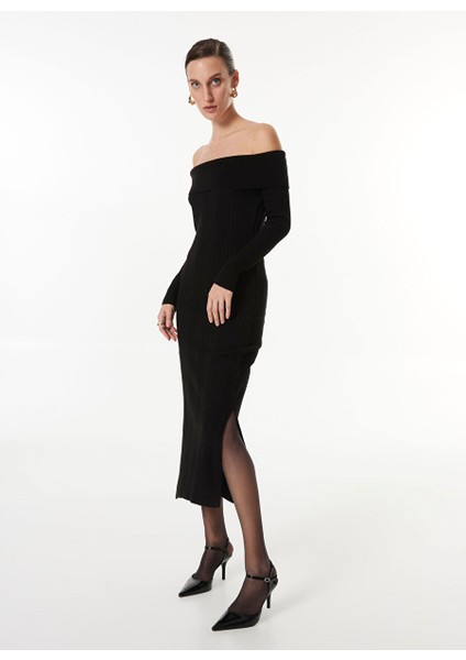 Siyah Kadın Straplez Midi Fitted Fitilli Triko Elbise FC3WL-ELB19