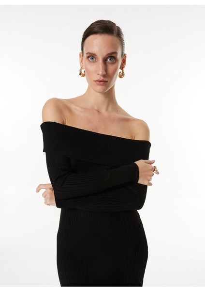 Siyah Kadın Straplez Midi Fitted Fitilli Triko Elbise FC3WL-ELB19