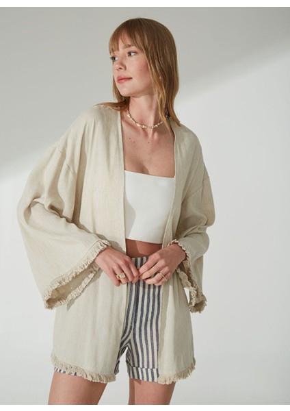 Bej Kadın Düz Yaka Geniş Fit Keten Kaftan D313