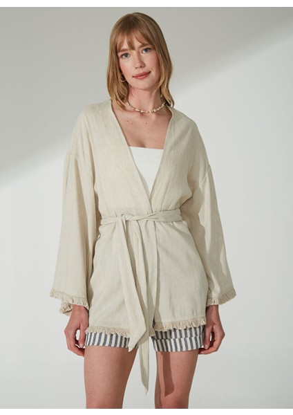 Bej Kadın Düz Yaka Geniş Fit Keten Kaftan D313