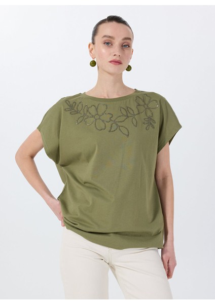 Haki Kadın Relaxed Işlemeli T-Shirt FC5SL-TST0206