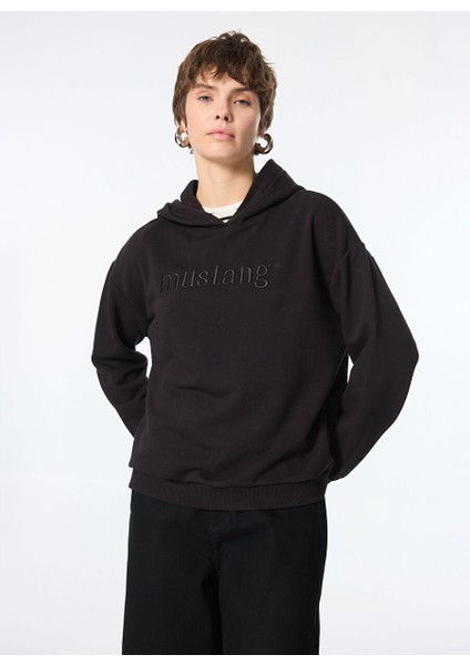 Siyah Kadın Kapüşon Normal Nakışlı Sweatshirt M4WL-SWT-1974