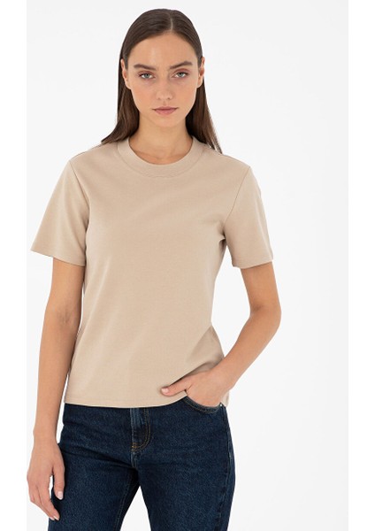 Bej Kadın Slim Fit Düz T-Shirt Sımo
