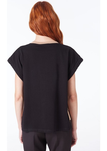 Yuvarlak Yaka Baskılı Siyah Kadın T-Shirt TSKD05204