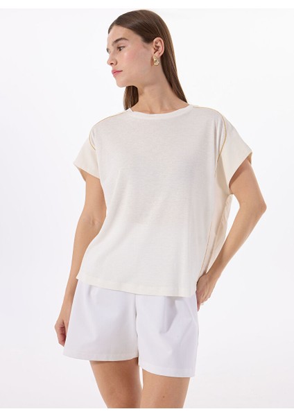 Ekru Kadın Relaxed Taşlı T-Shirt FC5SL-TST0116