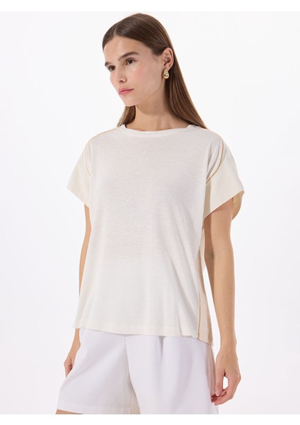 Ekru Kadın Relaxed Taşlı T-Shirt FC5SL-TST0116