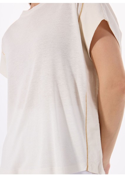 Ekru Kadın Relaxed Taşlı T-Shirt FC5SL-TST0116