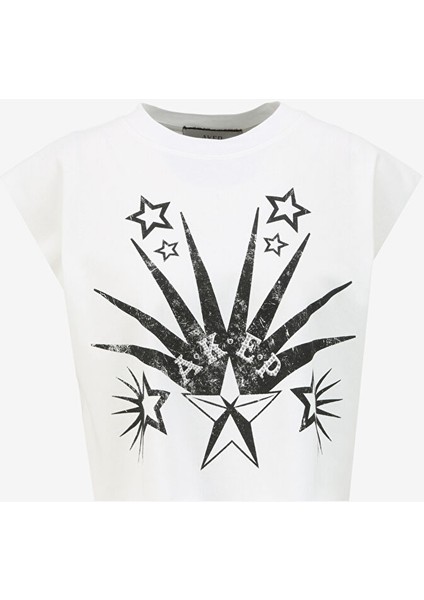 Yuvarlak Yaka Baskılı Beyaz Kadın T-Shirt TSKD05206