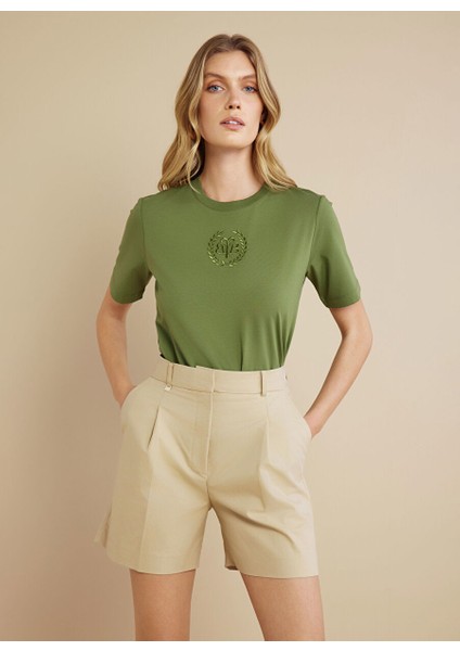 Yeşil Kadın Standart Nakışlı T-Shirt Bisiklet Yaka Önü Bb Nakışlı T-Shir modelleri