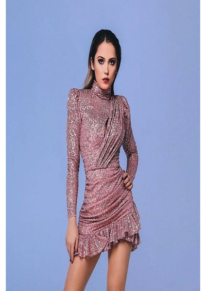 Pembe Payetli Fırfırlı Elbise