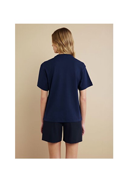 Lacivert Kadın Standart T-Shirt Bisiklet Yaka Oversize T-Shirt