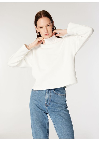 Ekru Kadın Dik Relaxed Düz Sweatshirt M4WL-SWT-1912