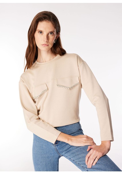 Açık Bej Kadın Bisiklet Yaka Rahat Sweatshirt F4WL-SWT0136