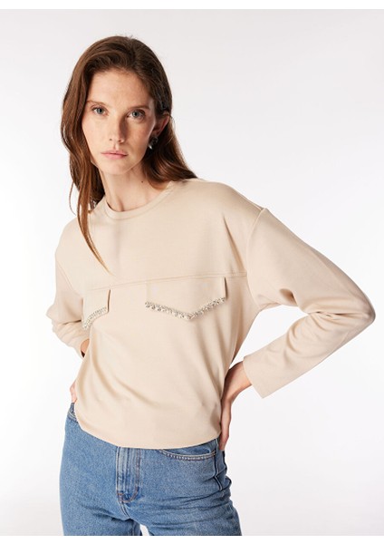 Açık Bej Kadın Bisiklet Yaka Rahat Sweatshirt F4WL-SWT0136 modelleri