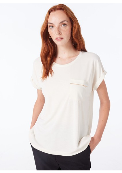 Bisiklet Yaka Ekru Kadın T-Shirt Polen