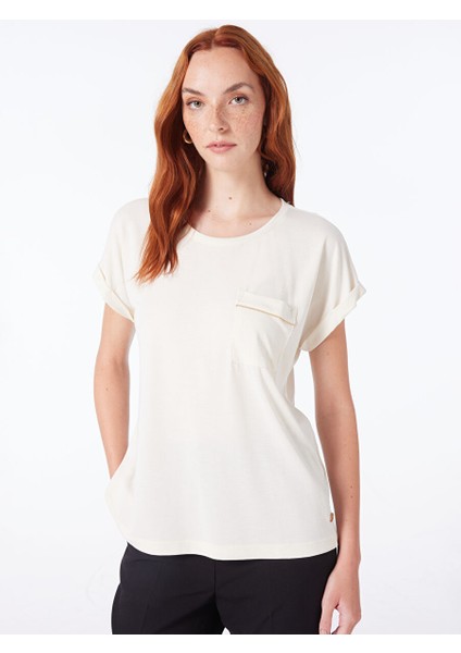 Bisiklet Yaka Ekru Kadın T-Shirt Polen modelleri