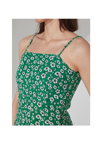 Yeşil Kadın Askılı Midi Dar Çiçekli Kare Yaka Elbise 22SS-01-0316