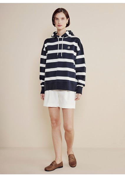 Lacivert Kadın Kapüşon Standart Çizgili Sweatshirt Kapüşonlu Çizgili Sweatshirt
