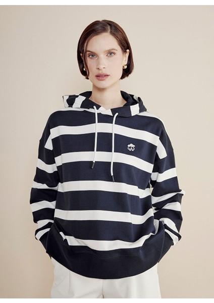 Lacivert Kadın Kapüşon Standart Çizgili Sweatshirt Kapüşonlu Çizgili Sweatshirt modelleri