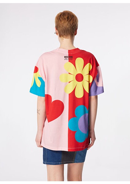 Yuvarlak Yaka Desenli Çok Renkli Kadın T-Shirt 241K1A0704