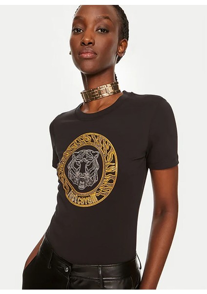 Yuvarlak Yaka Baskılı Siyah Kadın T-Shirt 76PAHE08 modelleri