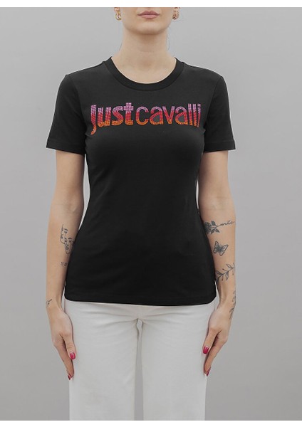 Yuvarlak Yaka Baskılı Siyah Kadın T-Shirt 76PAHE06
