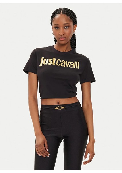 Yuvarlak Yaka Baskılı Siyah Kadın T-Shirt 76PAHG11