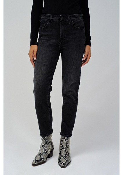 Siyah Kadın Standart Düz Denim Pantolon 21008391-TRUE