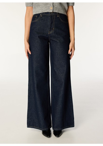 Koyu Indigo Kadın Geniş Fit Düz Denim Pantolon SGZB206 modelleri