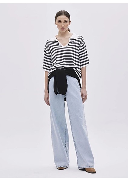 Polo Yaka Oversized Çizgili Açık Gri Kazak Kadın Ekru Açık Gri Polo Yaka Çizgili Kaz