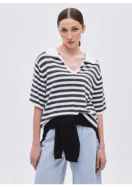 Polo Yaka Oversized Çizgili Açık Gri Kazak Kadın Ekru Açık Gri Polo Yaka Çizgili Kaz fiyatları