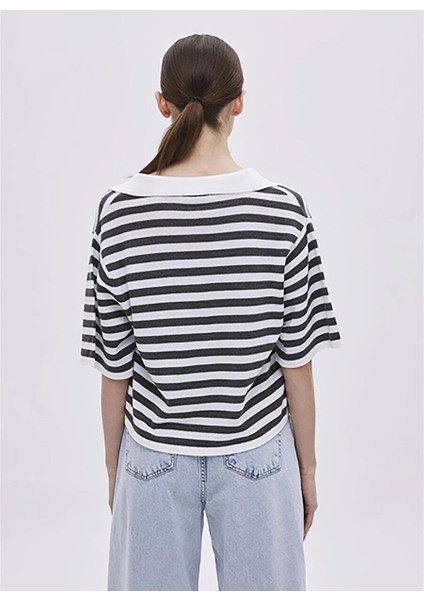 Polo Yaka Oversized Çizgili Açık Gri Kazak Kadın Ekru Açık Gri Polo Yaka Çizgili Kaz indirimleri