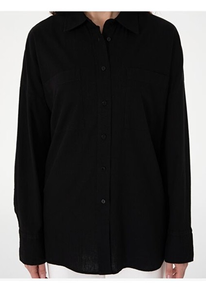 Siyah Oversize Keten Karışımlı Uzun Kollu Gömlek
