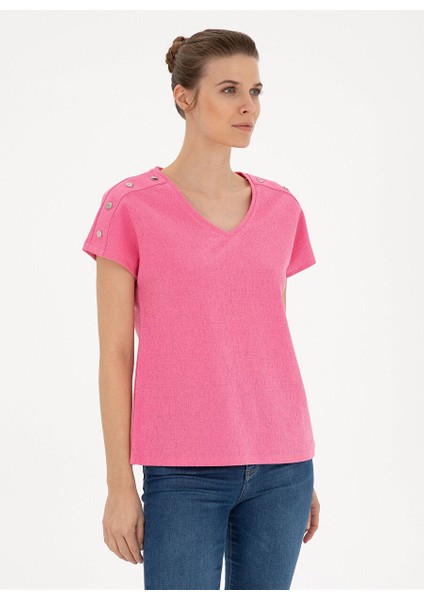 V Yaka Pembe Kadın T-Shirt Gebı