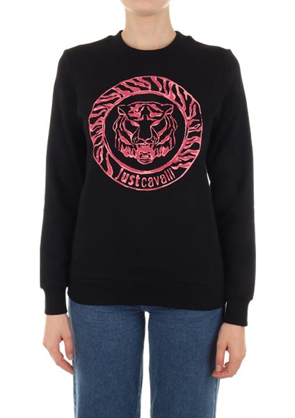 Bisiklet Yaka Baskılı Siyah Kadın Sweatshırt 75PAIF01