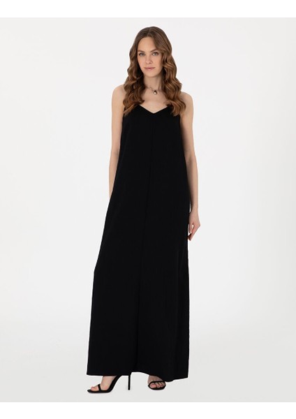 Siyah Regular Fit Dokuma Elbise