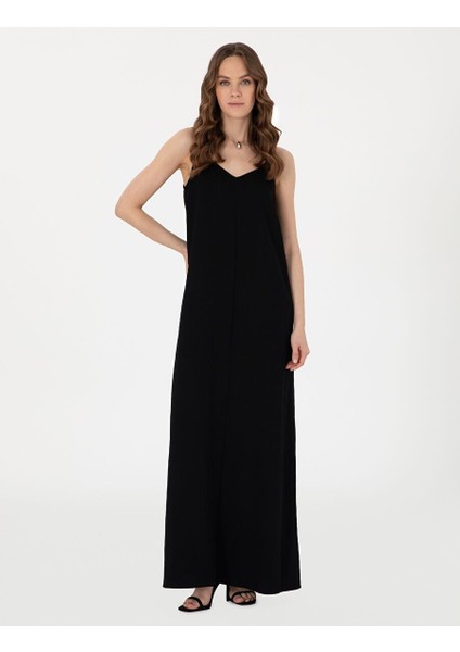Siyah Regular Fit Dokuma Elbise