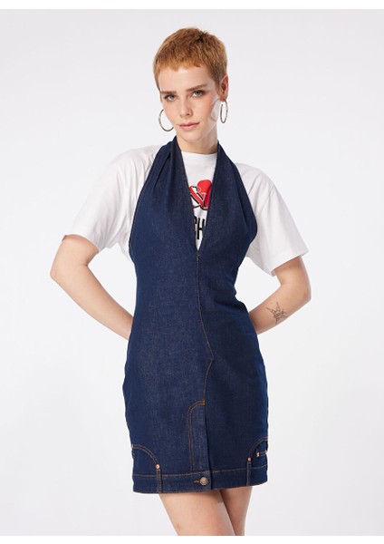 V Yaka Düz Indigo Kısa Kadın Elbise 241K1A0404 fırsatları