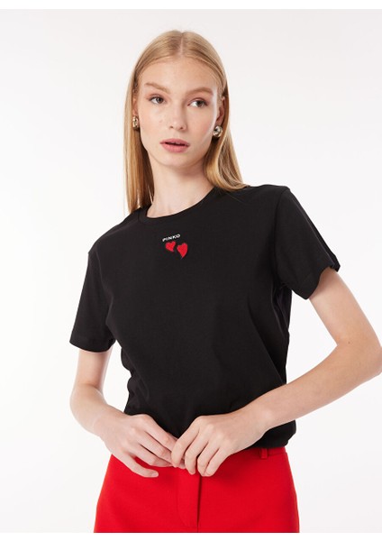 Yuvarlak Yaka Baskılı Siyah Kadın T-Shirt 100789A1P8 modelleri
