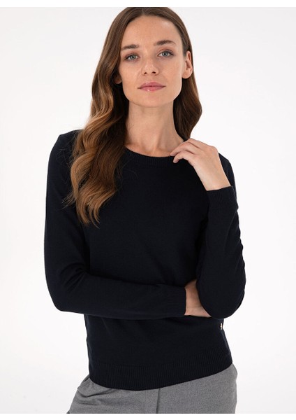 Lacivert Kadın Bisiklet Slim Fit Düz Kazak E-Dape