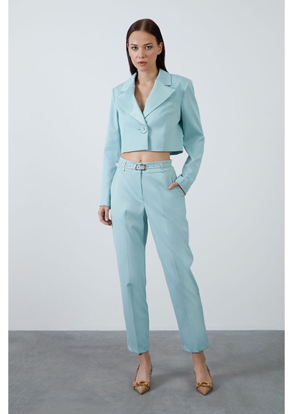 Crop Ceketli Pantolonlu Mint Takım