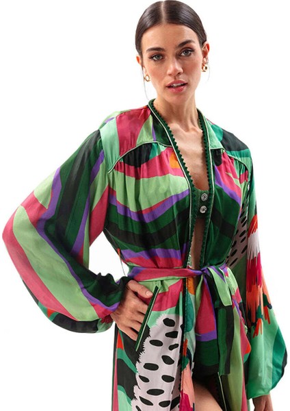 Yeşil Kadın Geniş Dökümlü Desenli Kimono MVMRWKM15 fiyatları