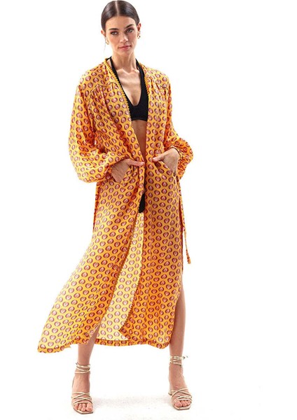 Sarı Kadın Geniş Dökümlü Desenli Kimono MVMRWKM13