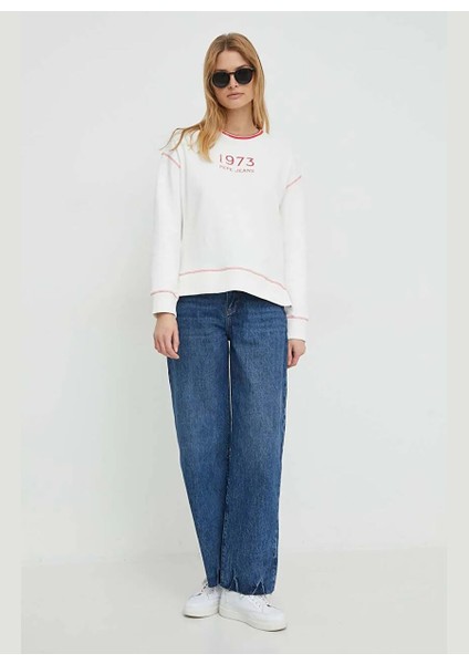Ekru Kadın Yuvarlak Normal Baskılı Sweatshirt PL581398