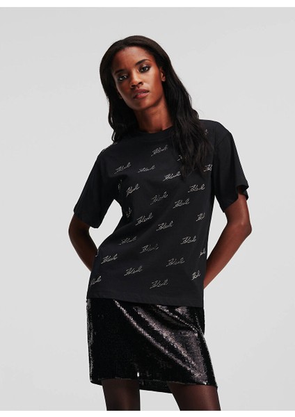 Yuvarlak Yaka Baskılı Siyah Kadın T-Shirt 240W1704 fiyatları