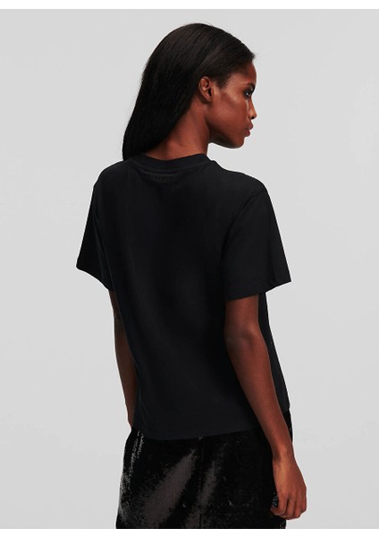 Yuvarlak Yaka Baskılı Siyah Kadın T-Shirt 240W1704 fırsatları
