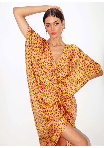 Sarı Kadın Desenli Kaftan MVMRWKA03
