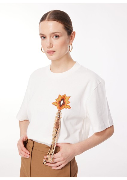 Bisiklet Yaka Düz Ekru Kadın T-Shirt TSKD03221